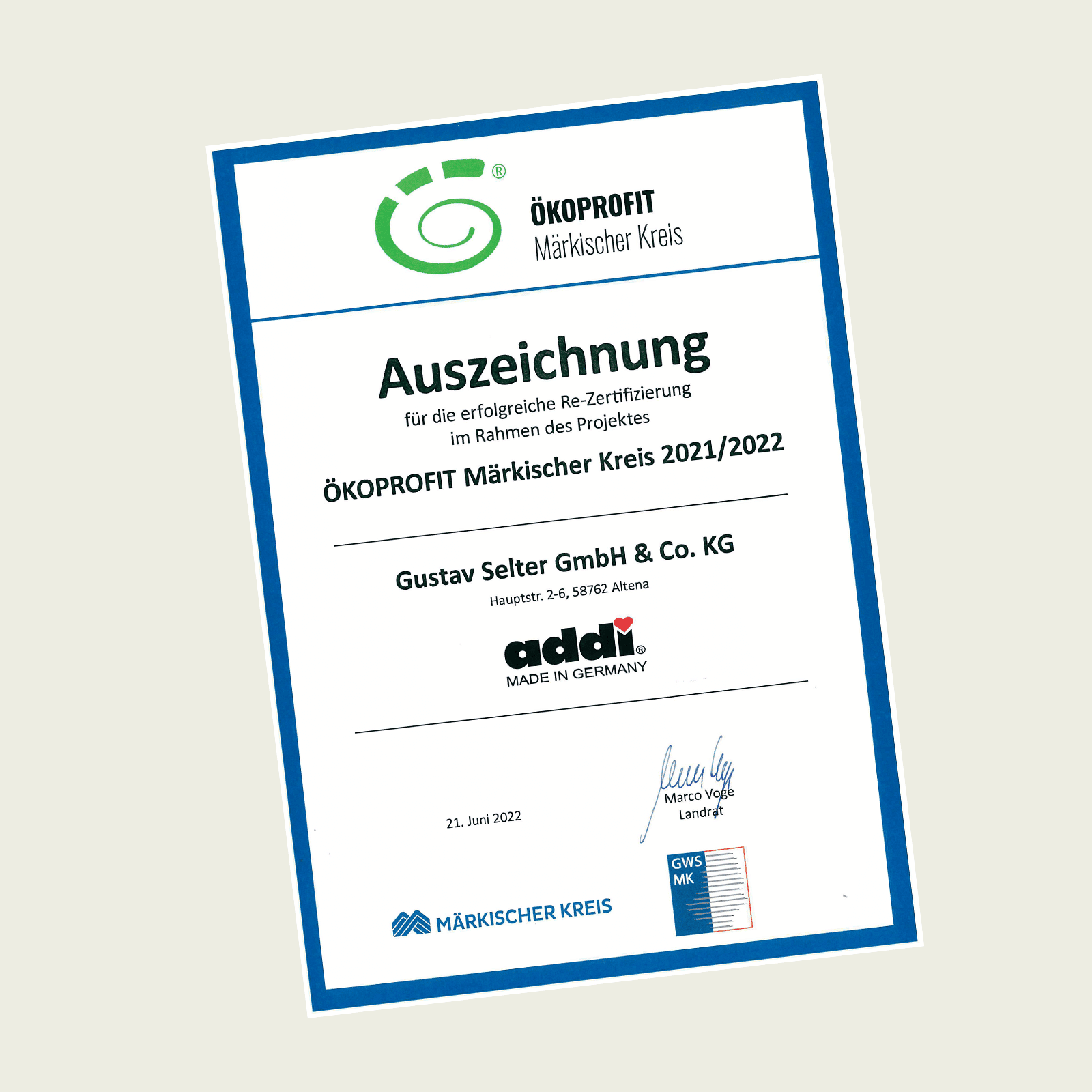 Social Media Certificate Oekoprofit 2022 Made in Germany,addi quality,sustainability addi