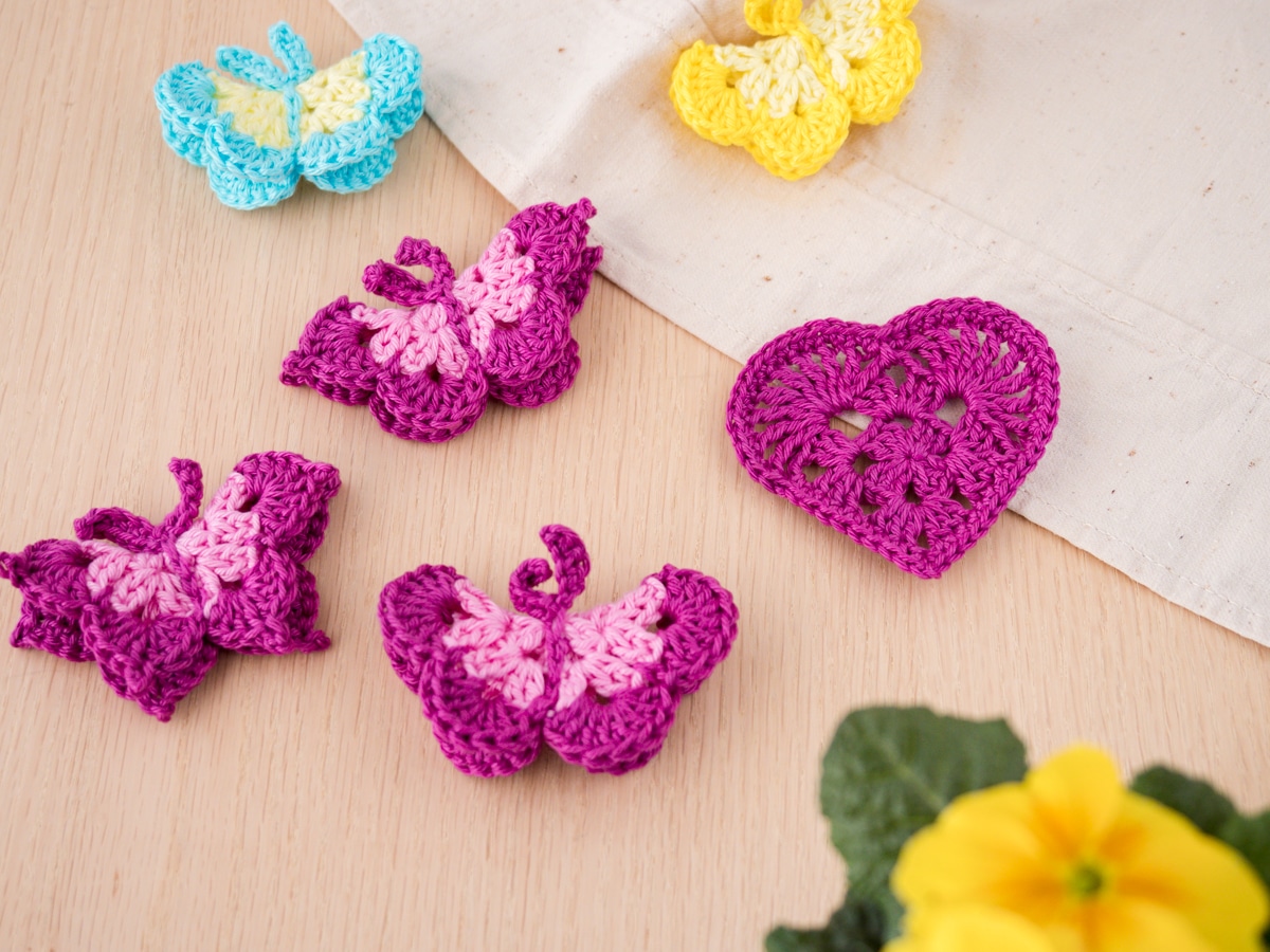 Crochet various butterflies and a heart