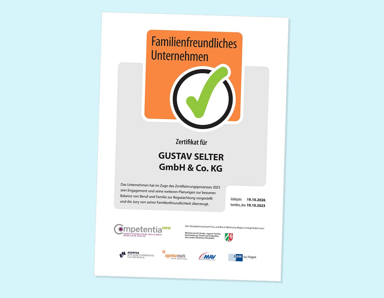 Zertifikat Familienfreundliches Unternehmen Gustav Selter GmbH & Co. KG